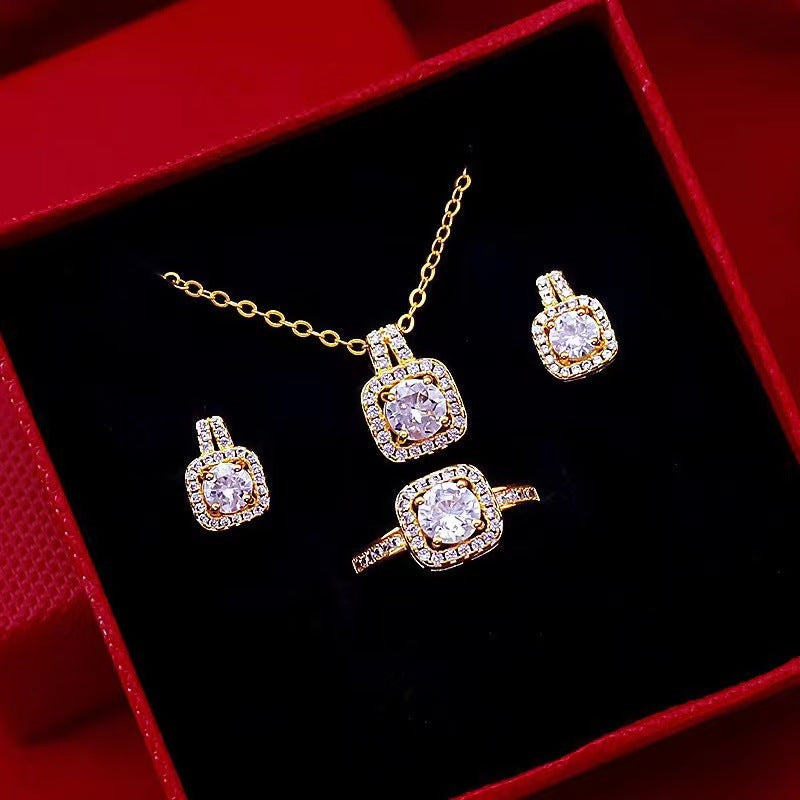 Gold zircon jewelry gift set with necklace, earrings and ring