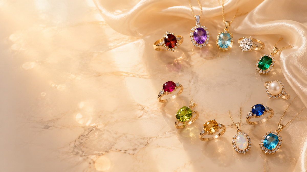 Birthstone colours by month shown on sterling silver birthstone pendant necklaces.