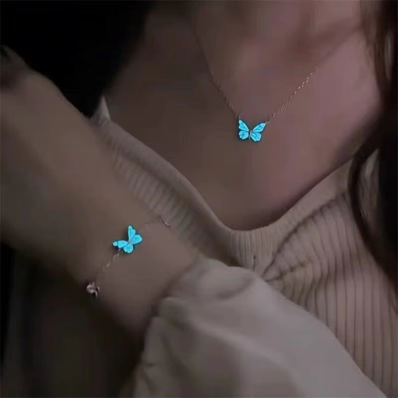 Glow-in-the-dark butterfly necklace and bracelet set