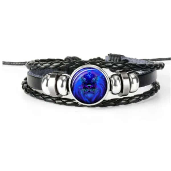 Luminous Zodiac Bracelet featuring a blue lion design on black braided leather, perfect for astrology lovers.