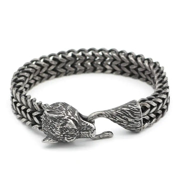 Men’s Wolf Head Bracelet showcasing a stainless steel Cuban chain with intricate wolf head detailing.