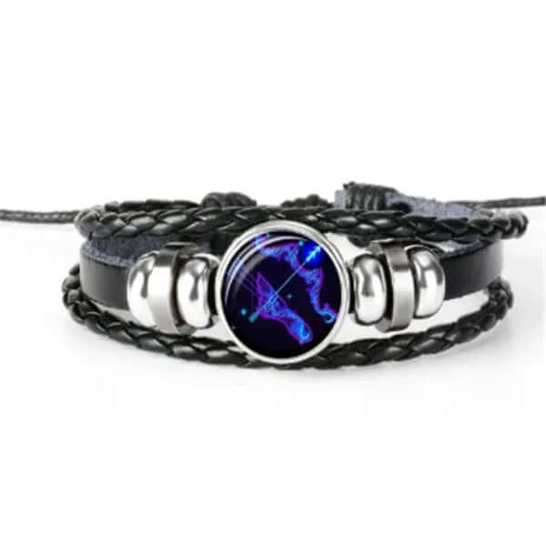 Luminous Zodiac Bracelet featuring a glowing astrology design with braided black leather and silver accents.