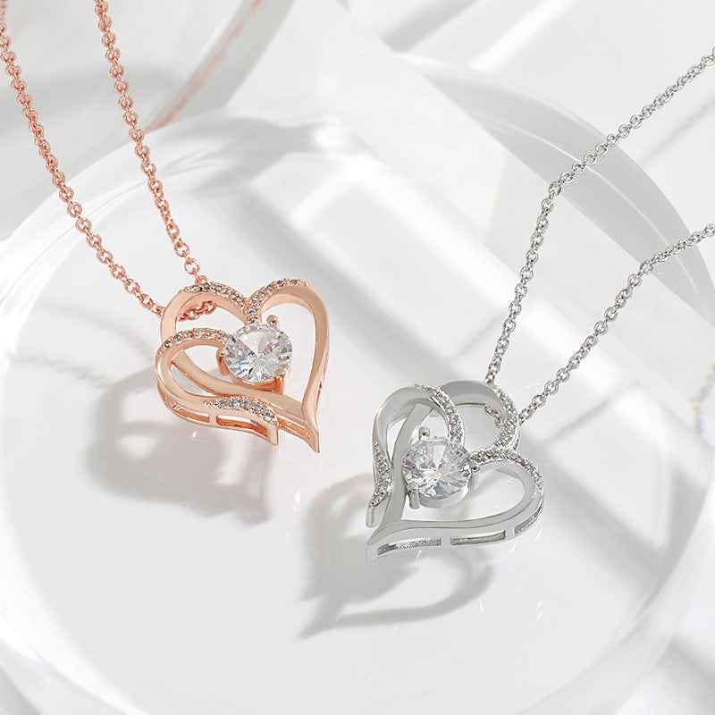 elegant women necklace double heart crystal pendant