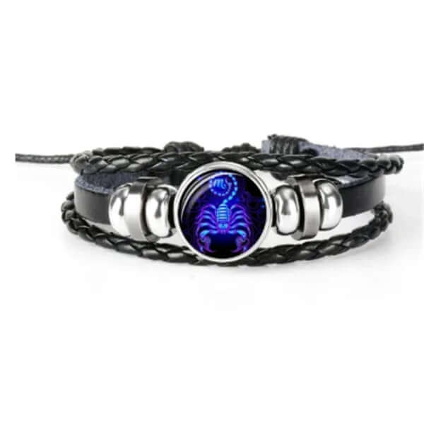 Luminous Zodiac Bracelet featuring a glowing scorpion design on a braided black leather band.
