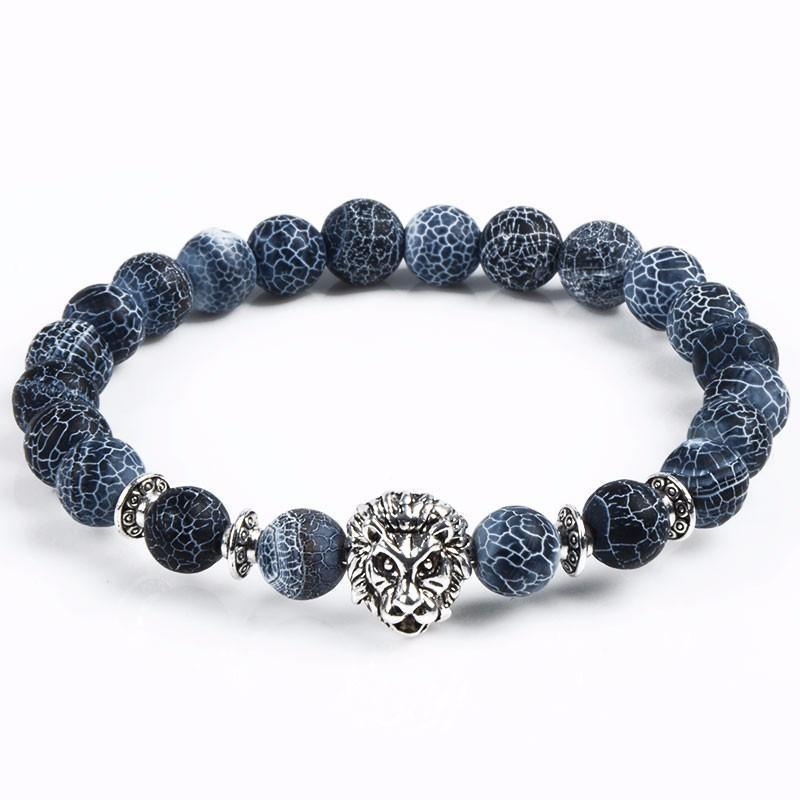 Men’s Lion Stone Bracelet – Natural Bead Bracelet featuring lion head charm and blue patterned beads.