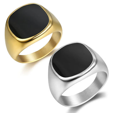 men black and golden geometric ring titanium steel square design