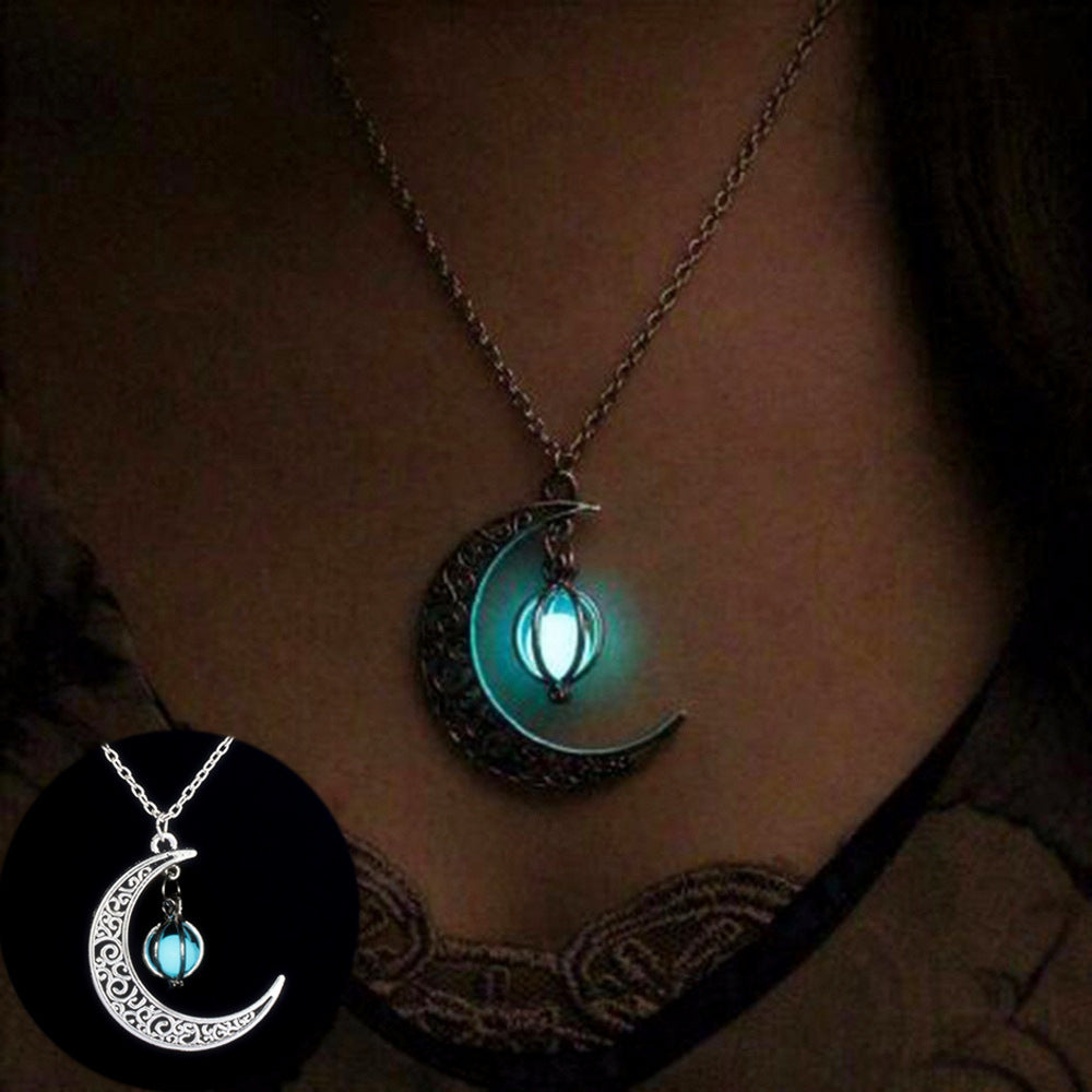 crescent moon glow in the dark necklace luminous stone pendant
