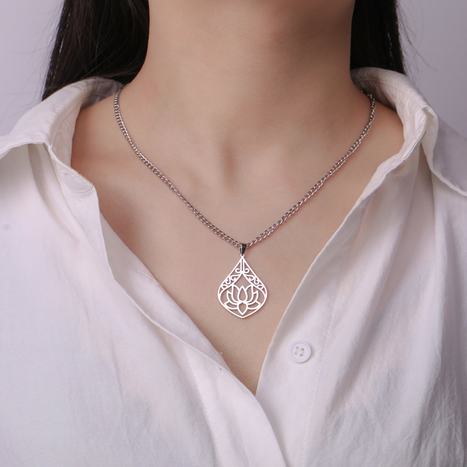 lotus pendant necklace titanium steel teardrop charm