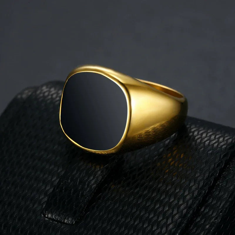 men golden geometric ring titanium steel square design