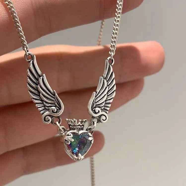 gothic heart necklace women angel wings crown design