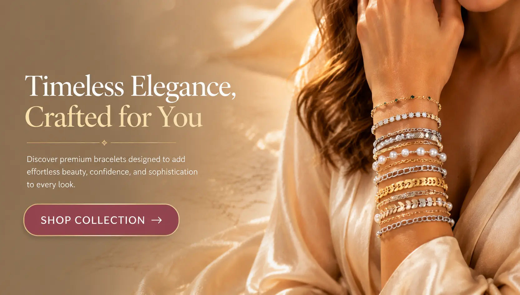 A woman in a satin robe wears a stack of delicate bracelets on her wrist, with promotional text on the left reading 'Timeless Elegance, Crafted for You' and a 'SHOP COLLECTION' button.