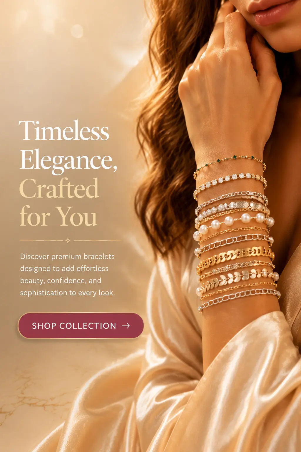 A woman in a satin robe wears a stack of delicate bracelets on her wrist, with promotional text on the left reading 'Timeless Elegance, Crafted for You' and a 'SHOP COLLECTION' button.