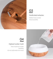 High Quality 500ml Aromatherapy Essential Oil Diffuser Wood Grain Remote Control Ultrasonic Air Humidifier with 7 Colors Light.Humidifier à air ultrasonique de haute qualité 500ml Humidifier à huile essentielle d'aromathérapie avec 7 couleurs.