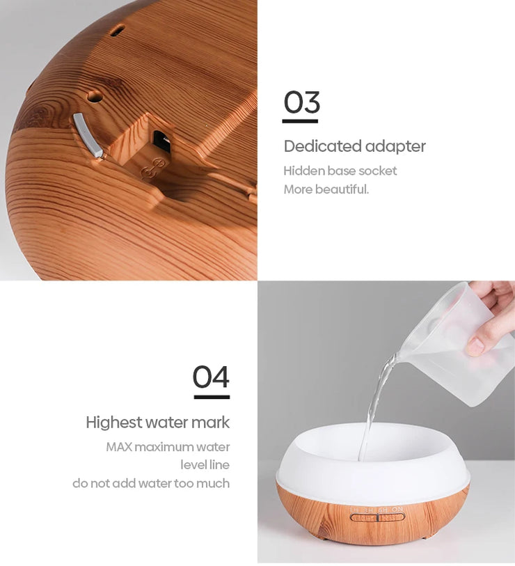 High Quality 500ml Aromatherapy Essential Oil Diffuser Wood Grain Remote Control Ultrasonic Air Humidifier with 7 Colors Light.Humidifier à air ultrasonique de haute qualité 500ml Humidifier à huile essentielle d'aromathérapie avec 7 couleurs.