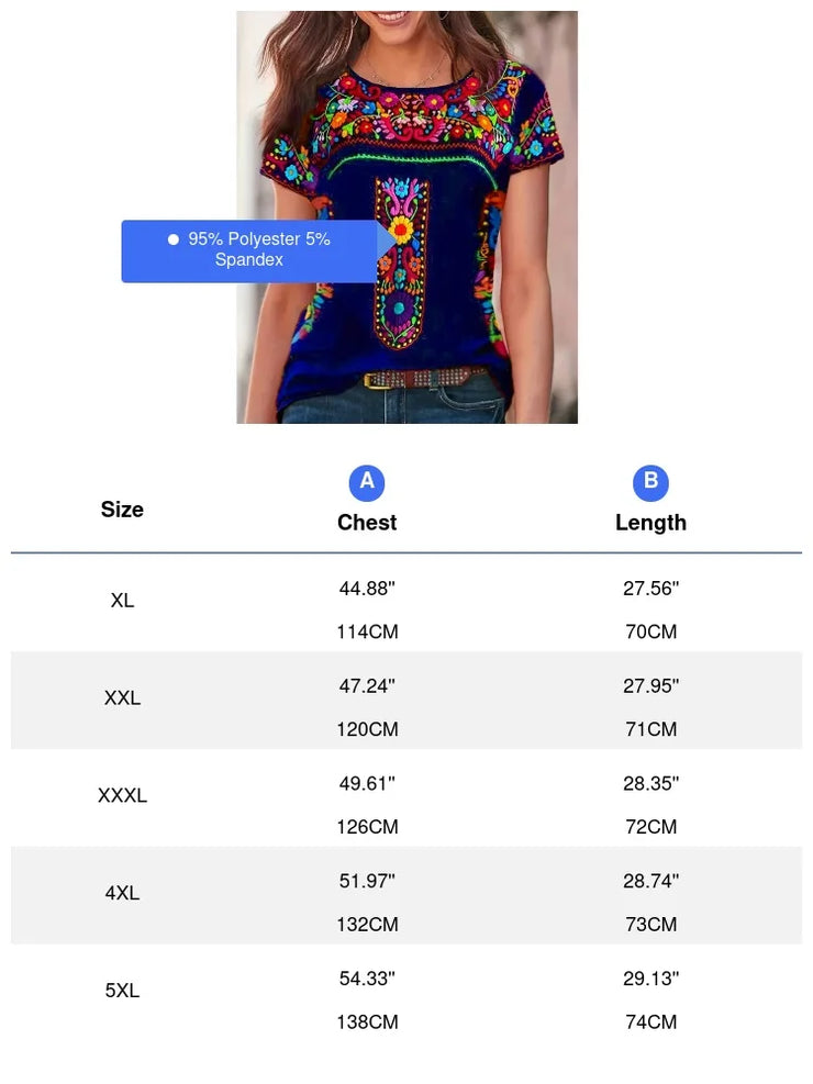 Plus Size Boho T-shirt Women's Plus Floral Print Short Sleeve Round Neck Slight Stretch T-shirt