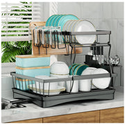 Large 2-tier dish drying rack for kitchen countertops, removable large-capacity dish draining rack.Grande grille de séchage à 2 niveaux pour comptoirs de cuisine, porte-dépouille amovible à grande capacité.