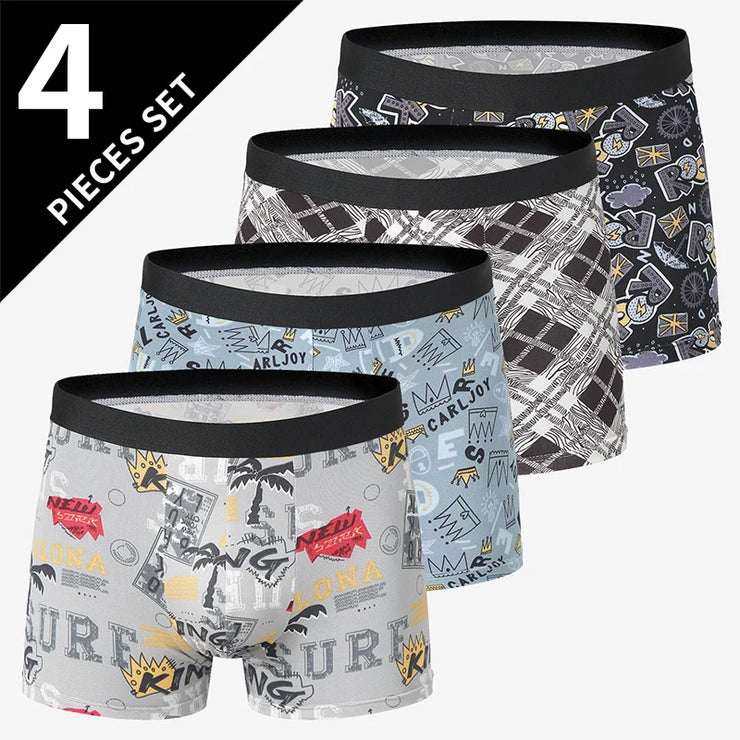 4 Pcs European and American Size MEN'S Printed Fashion Boyshort Comfortable MEN'S Waist plus Size Underwear Sexy Swimming Trunk