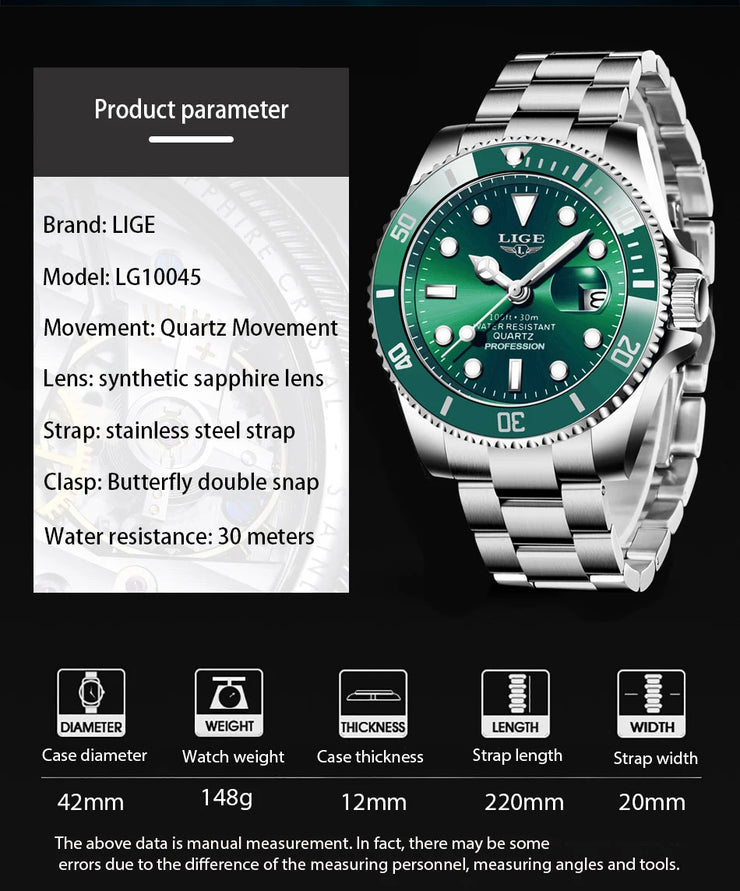 Montre Homme LIGE Luxe Étanche 30ATM Quartz