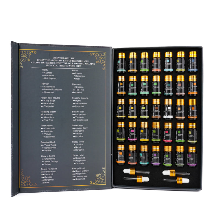 MAYJAM 35 Bottles Aromatherapy Essential Oil Gift Set Lavender JasmiCoffret cadeau d'huiles essentielles d'aromathérapie MAYJAM 35 bouteilles Huiles parfumées à la lavande, au jasmin, à l'eucalyptus, à la vanille, à la menthe poivrée et au bois de santal