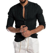 Chemise Homme Lin Coton Été Col Mao Manches Longues