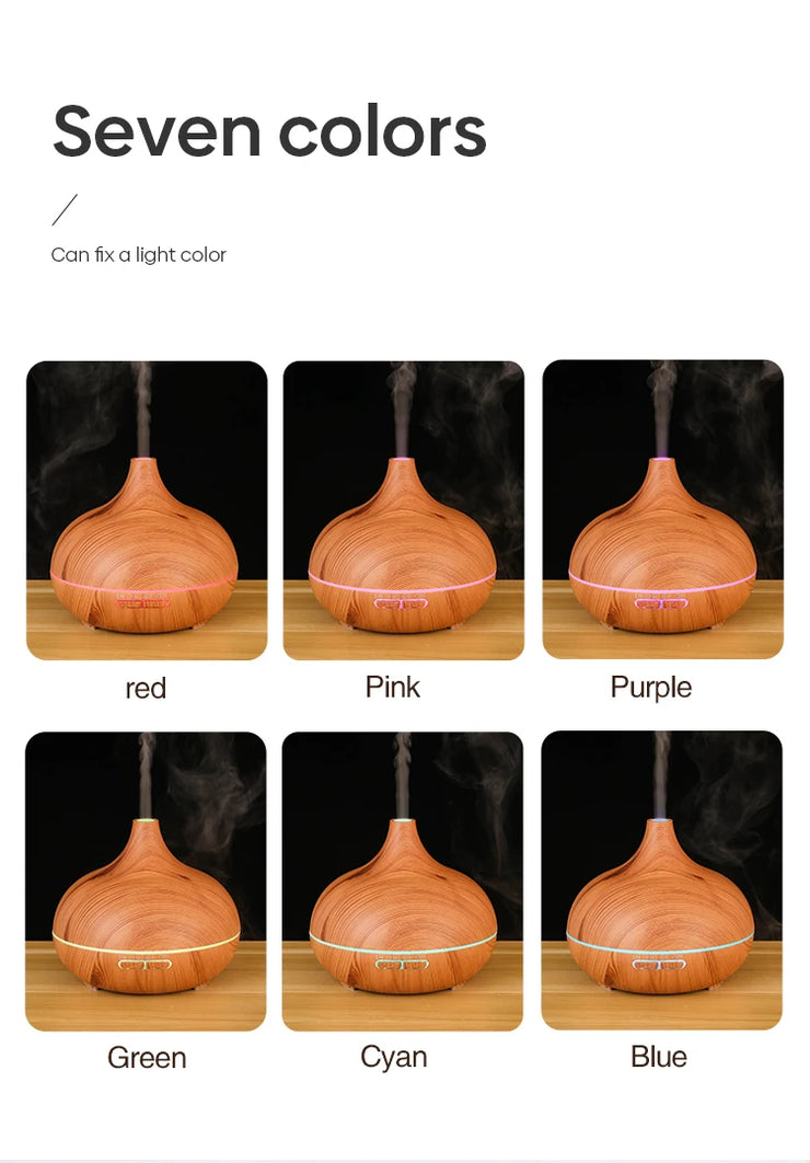 High Quality 500ml Aromatherapy Essential Oil Diffuser Wood Grain Remote Control Ultrasonic Air Humidifier with 7 Colors Light.Humidifier à air ultrasonique de haute qualité 500ml Humidifier à huile essentielle d'aromathérapie avec 7 couleurs.
