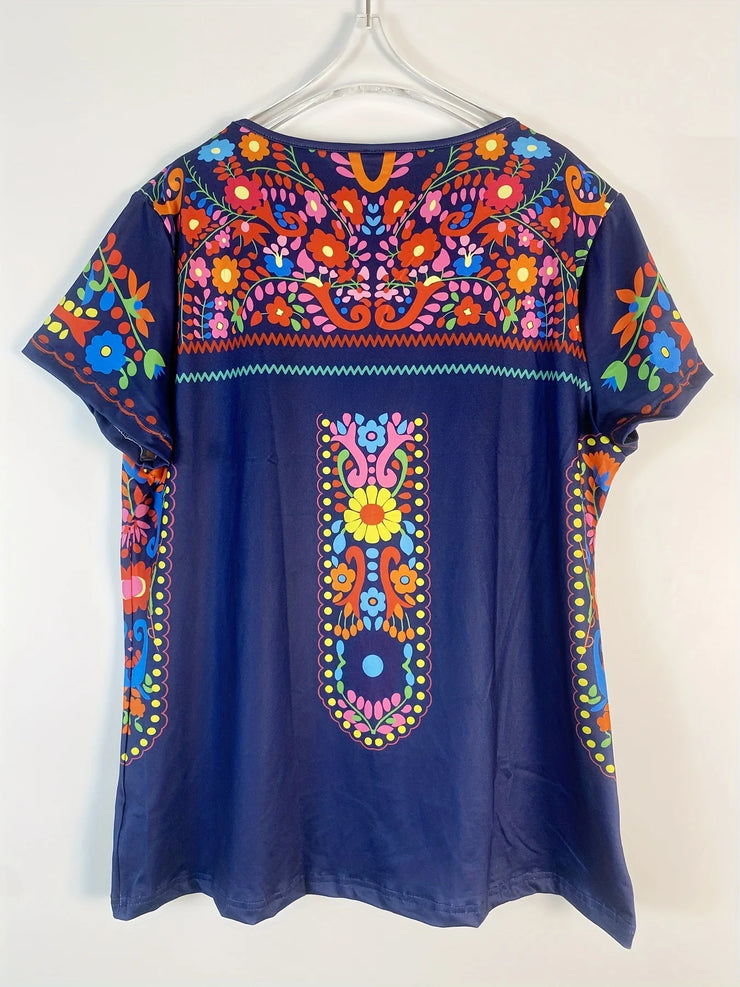 Plus Size Boho T-shirt Women's Plus Floral Print Short Sleeve Round Neck Slight Stretch T-shirt