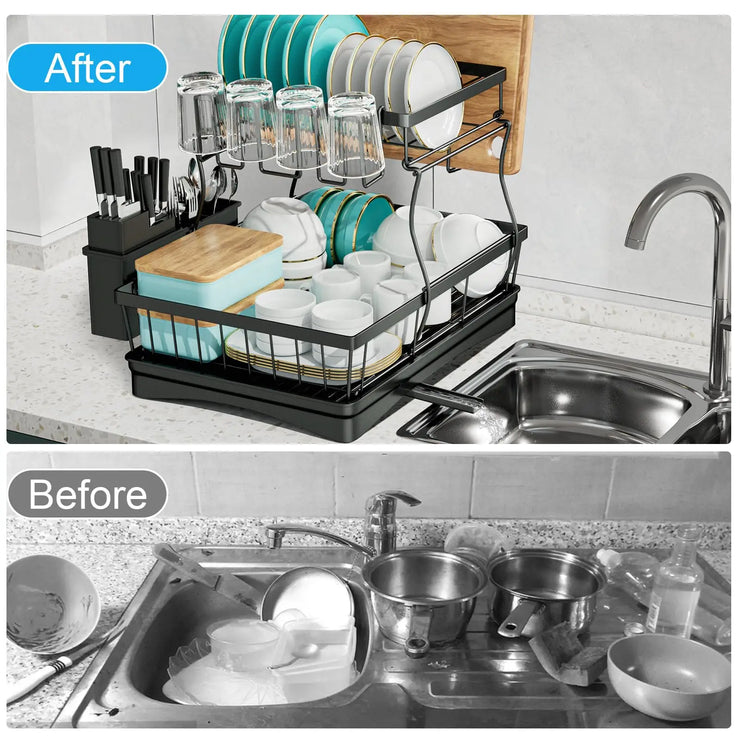 Large 2-tier dish drying rack for kitchen countertops, removable large-capacity dish draining rack.Grande grille de séchage à 2 niveaux pour comptoirs de cuisine, porte-dépouille amovible à grande capacité.