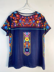 Plus Size Boho T-shirt Women's Plus Floral Print Short Sleeve Round Neck Slight Stretch T-shirt