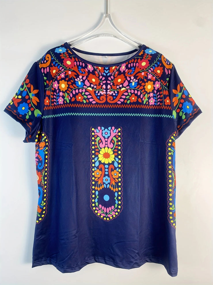 Plus Size Boho T-shirt Women's Plus Floral Print Short Sleeve Round Neck Slight Stretch T-shirt