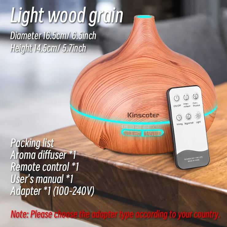 High Quality 500ml Aromatherapy Essential Oil Diffuser Wood Grain Remote Control Ultrasonic Air Humidifier with 7 Colors Light.Humidifier à air ultrasonique de haute qualité 500ml Humidifier à huile essentielle d'aromathérapie avec 7 couleurs.