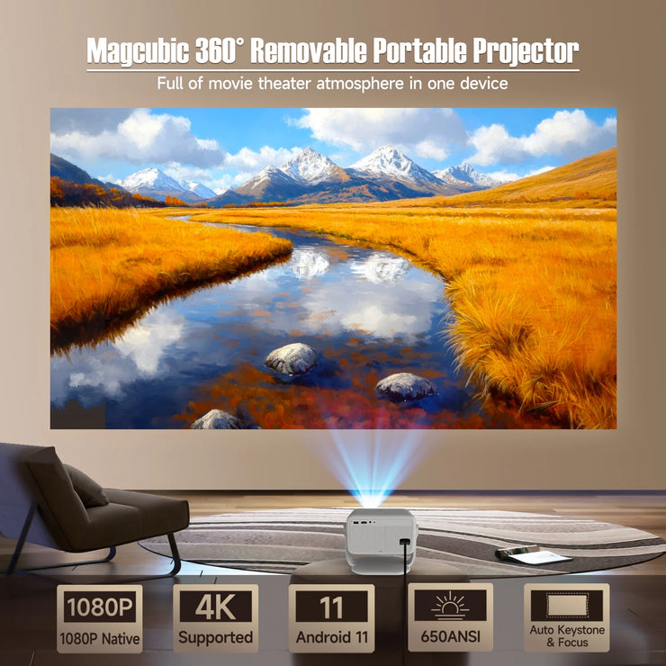 Magcubic Native 1080P 650 ANSI 4K Android 11 L018 Projecteur avec Auto Keystone Correction Focus Wifi6 BT5.2 Portable Movie Outdoor