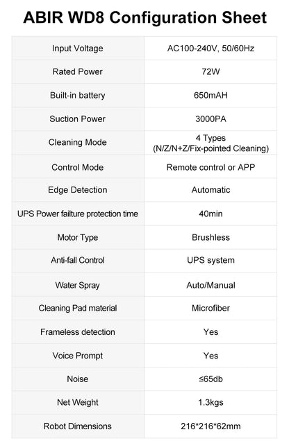 ABIR WD8 Robot Window Vacuum Cleaner,Dual Water Spray,Laser Sensor,Smart Home Glass Wall Wet Dry Cleaning ,APP&Remote Control.ABIR WD8 Robot Window Vacuum Cleaner, Dual Water Spray, Capteur laser, Nettoyage sec mural à sec en verre domestique intelligent,