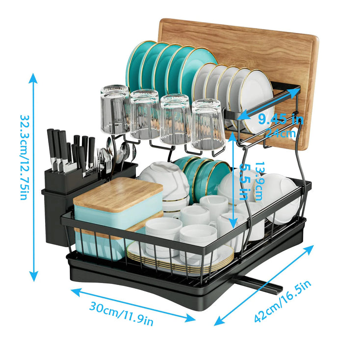 Large 2-tier dish drying rack for kitchen countertops, removable large-capacity dish draining rack.Grande grille de séchage à 2 niveaux pour comptoirs de cuisine, porte-dépouille amovible à grande capacité.