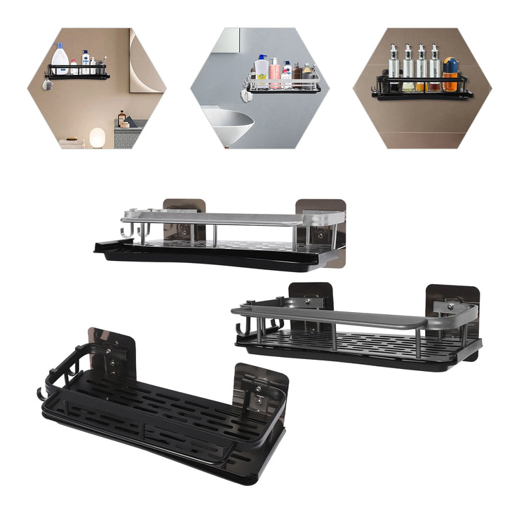 Space-Saving Kitchen Sink Organizer, Wall-Mounted Drain Rack with Drip Tray, 2 Hooks, Aluminum and Plastic Design for Neat and D.Organisateur d'évier de cuisine peu encombrant, rack de drainage mural avec bac à goutte, 2 crochets, design en aluminium.