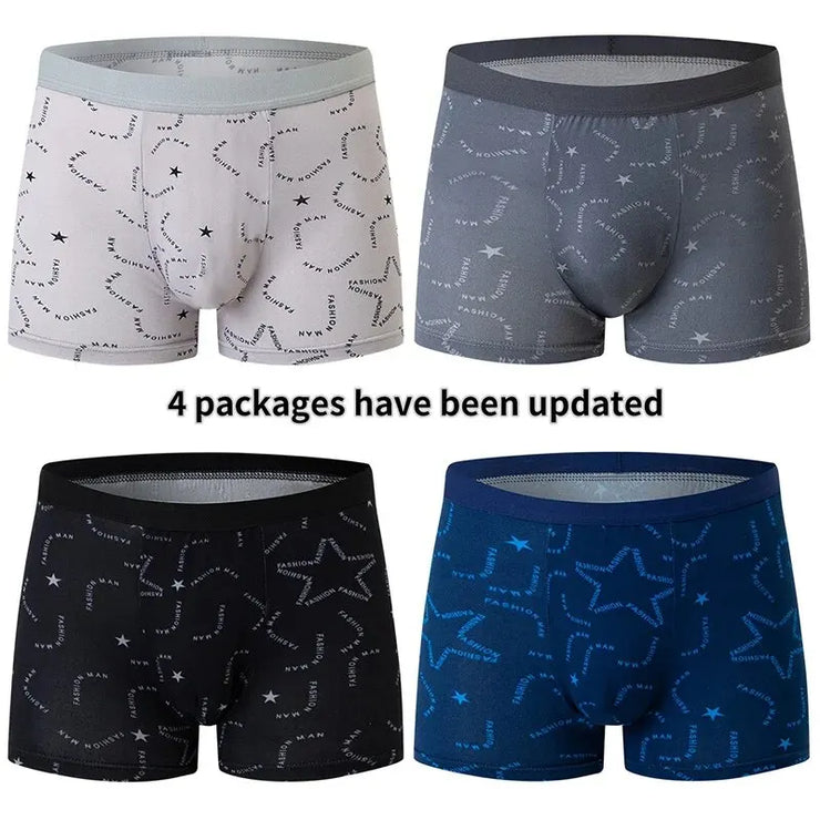 4 Pcs European and American Size MEN'S Printed Fashion Boyshort Comfortable MEN'S Waist plus Size Underwear Sexy Swimming Trunk