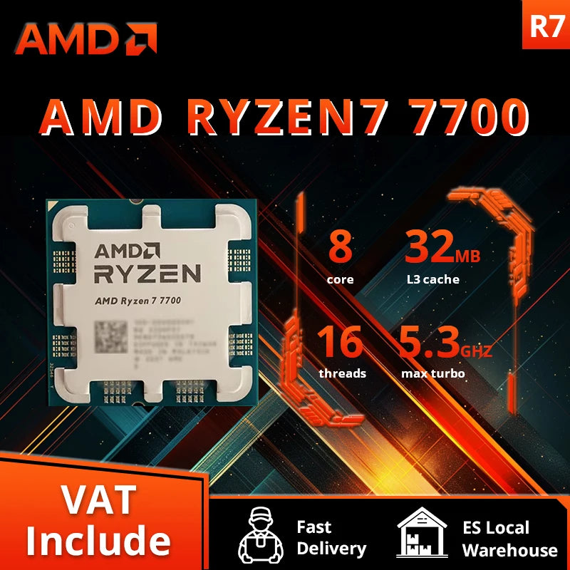 AMD Ryzen 7 7700x R7 7700x 4.5 GHz 8-Core 16-Thread CPU Processor 5NM L3=32M Socket AM5 Sealed Without cooler.AMD Ryzen 7 700 R7 7700 4,5 GHz Processeur processeur processeur CPU 16 fils 8 NM L3 = 32 M Socket AM5 Scellé sans refroidisseur.