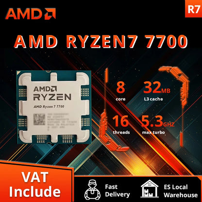 AMD Ryzen 7 7700x R7 7700x 4.5 GHz 8-Core 16-Thread CPU Processor 5NM L3=32M Socket AM5 Sealed Without cooler.AMD Ryzen 7 700 R7 7700 4,5 GHz Processeur processeur processeur CPU 16 fils 8 NM L3 = 32 M Socket AM5 Scellé sans refroidisseur.