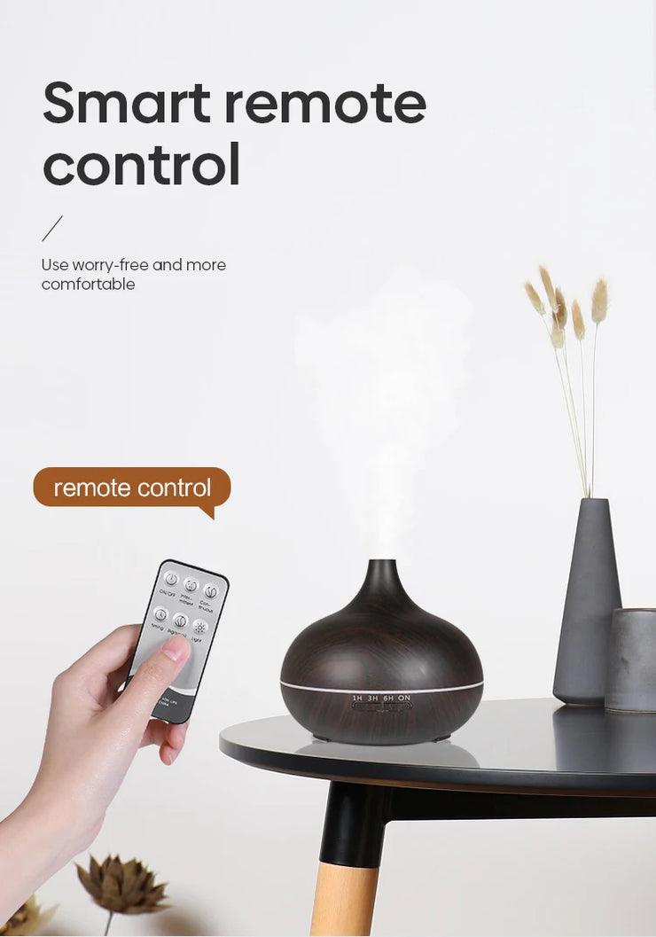 High Quality 500ml Aromatherapy Essential Oil Diffuser Wood Grain Remote Control Ultrasonic Air Humidifier with 7 Colors Light.Humidifier à air ultrasonique de haute qualité 500ml Humidifier à huile essentielle d'aromathérapie avec 7 couleurs.