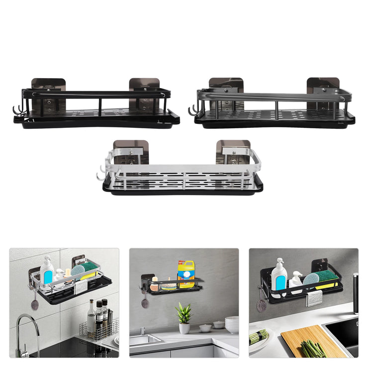 Space-Saving Kitchen Sink Organizer, Wall-Mounted Drain Rack with Drip Tray, 2 Hooks, Aluminum and Plastic Design for Neat and D.Organisateur d'évier de cuisine peu encombrant, rack de drainage mural avec bac à goutte, 2 crochets, design en aluminium.