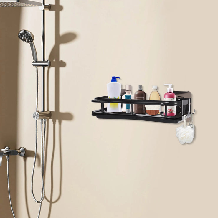 Space-Saving Kitchen Sink Organizer, Wall-Mounted Drain Rack with Drip Tray, 2 Hooks, Aluminum and Plastic Design for Neat and D.Organisateur d'évier de cuisine peu encombrant, rack de drainage mural avec bac à goutte, 2 crochets, design en aluminium.