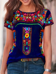 Plus Size Boho T-shirt Women's Plus Floral Print Short Sleeve Round Neck Slight Stretch T-shirt