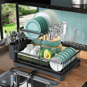 Large 2-tier dish drying rack for kitchen countertops, removable large-capacity dish draining rack.Grande grille de séchage à 2 niveaux pour comptoirs de cuisine, porte-dépouille amovible à grande capacité.