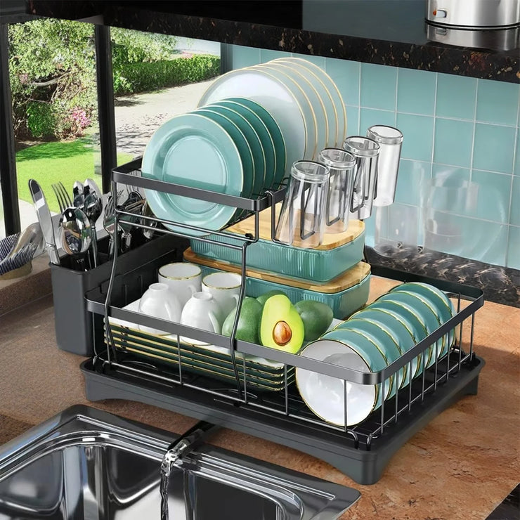 Large 2-tier dish drying rack for kitchen countertops, removable large-capacity dish draining rack.Grande grille de séchage à 2 niveaux pour comptoirs de cuisine, porte-dépouille amovible à grande capacité.