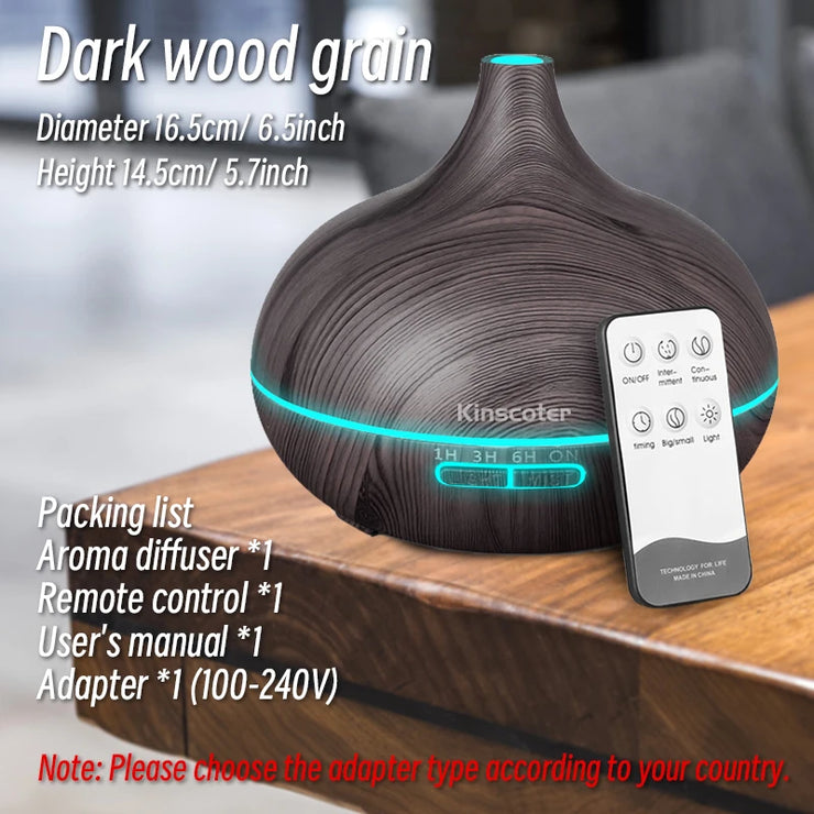 High Quality 500ml Aromatherapy Essential Oil Diffuser Wood Grain Remote Control Ultrasonic Air Humidifier with 7 Colors Light.Humidifier à air ultrasonique de haute qualité 500ml Humidifier à huile essentielle d'aromathérapie avec 7 couleurs.