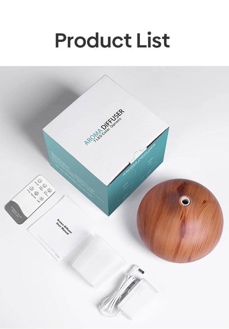 High Quality 500ml Aromatherapy Essential Oil Diffuser Wood Grain Remote Control Ultrasonic Air Humidifier with 7 Colors Light.Humidifier à air ultrasonique de haute qualité 500ml Humidifier à huile essentielle d'aromathérapie avec 7 couleurs.
