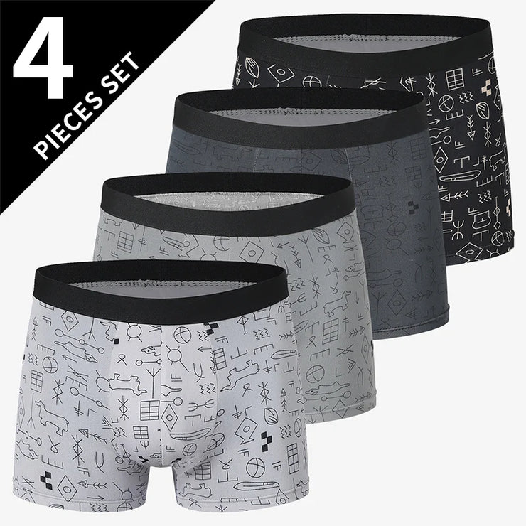 4 Pcs European and American Size MEN'S Printed Fashion Boyshort Comfortable MEN'S Waist plus Size Underwear Sexy Swimming Trunk