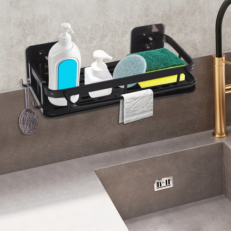 Space-Saving Kitchen Sink Organizer, Wall-Mounted Drain Rack with Drip Tray, 2 Hooks, Aluminum and Plastic Design for Neat and D.Organisateur d'évier de cuisine peu encombrant, rack de drainage mural avec bac à goutte, 2 crochets, design en aluminium.