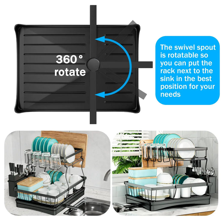 Large 2-tier dish drying rack for kitchen countertops, removable large-capacity dish draining rack.Grande grille de séchage à 2 niveaux pour comptoirs de cuisine, porte-dépouille amovible à grande capacité.