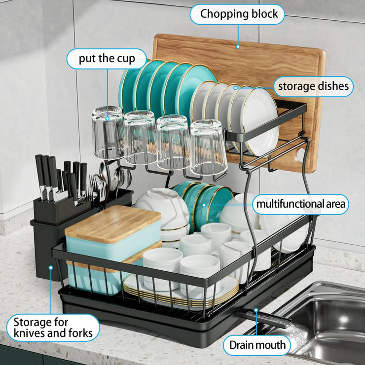 Large 2-tier dish drying rack for kitchen countertops, removable large-capacity dish draining rack.Grande grille de séchage à 2 niveaux pour comptoirs de cuisine, porte-dépouille amovible à grande capacité.