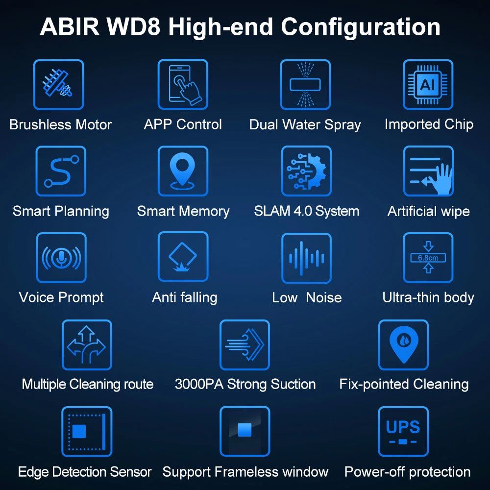 ABIR WD8 Robot Window Vacuum Cleaner,Dual Water Spray,Laser Sensor,Smart Home Glass Wall Wet Dry Cleaning ,APP&Remote Control.ABIR WD8 Robot Window Vacuum Cleaner, Dual Water Spray, Capteur laser, Nettoyage sec mural à sec en verre domestique intelligent,